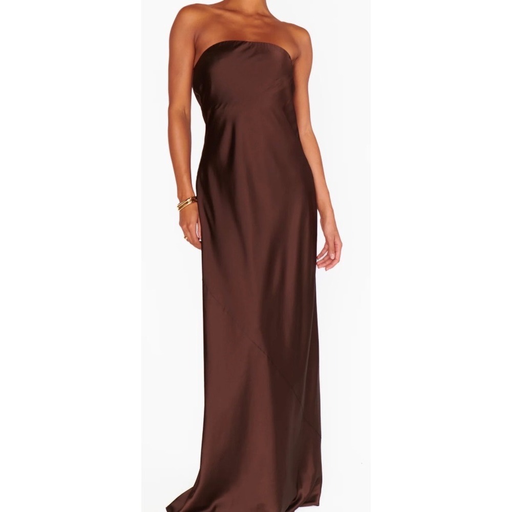 Show Me Your Mumu Brown Satin Strapless Maxi Dress Chocolate Gown